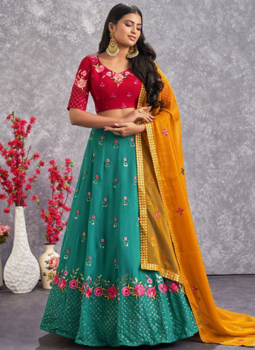 Beautiful Firozi Blue Floral Thread Work Georgette Lehenga Choli